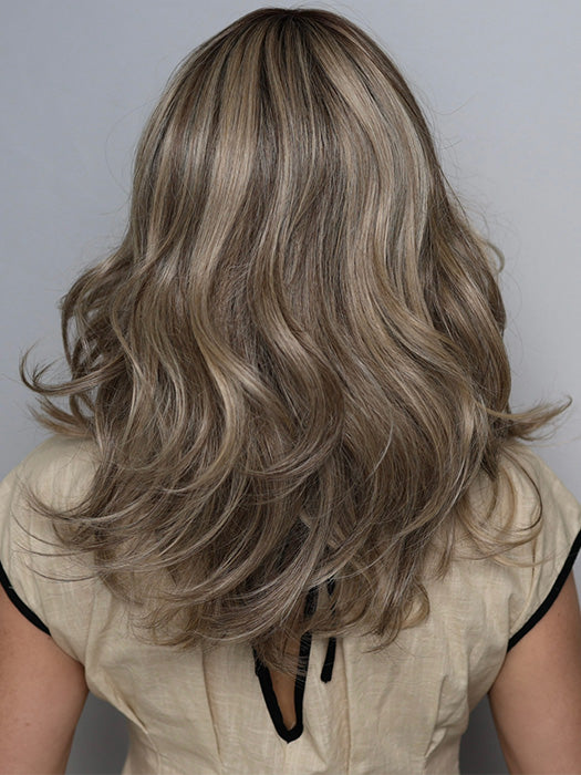 Heather @cjswigs wearing ISABEL by BELLE TRESS in color SHAKEN OATMILK BLONDE R | A Medium and Light Brown Base with Cool and Neutral Blonde, and Light Blonde Highlights with a Medium Brown Root