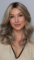 Heather @cjswigs wearing ISABEL by BELLE TRESS in color SHAKEN OATMILK BLONDE R | A Medium and Light Brown Base with Cool and Neutral Blonde, and Light Blonde Highlights with a Medium Brown Root