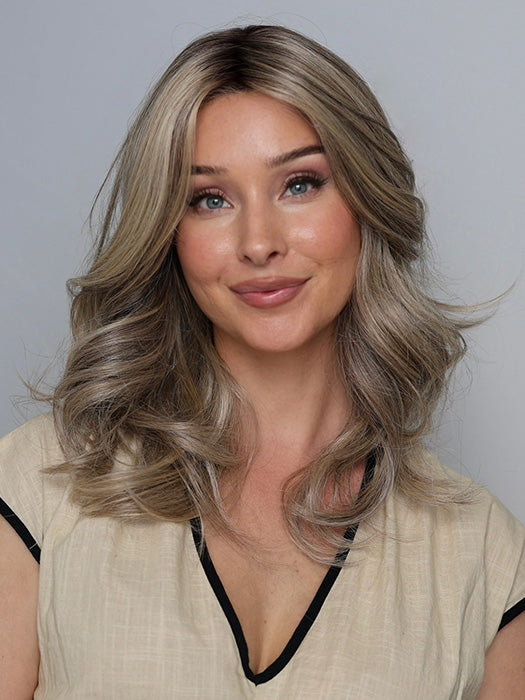 Heather @cjswigs wearing ISABEL by BELLE TRESS in color SHAKEN OATMILK BLONDE R | A Medium and Light Brown Base with Cool and Neutral Blonde, and Light Blonde Highlights with a Medium Brown Root