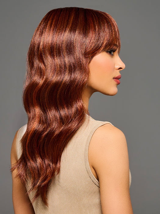 Model is wearing KALIYAH in color MC30/130SS CHERRY COLA | Dark Red with Copper Highlights