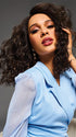 Model is wearing SHANTE by KIM KIMBLE in color MC4/10SS ESPRESSO MARTINI | Dark Brown with Lighter Brown Highlights