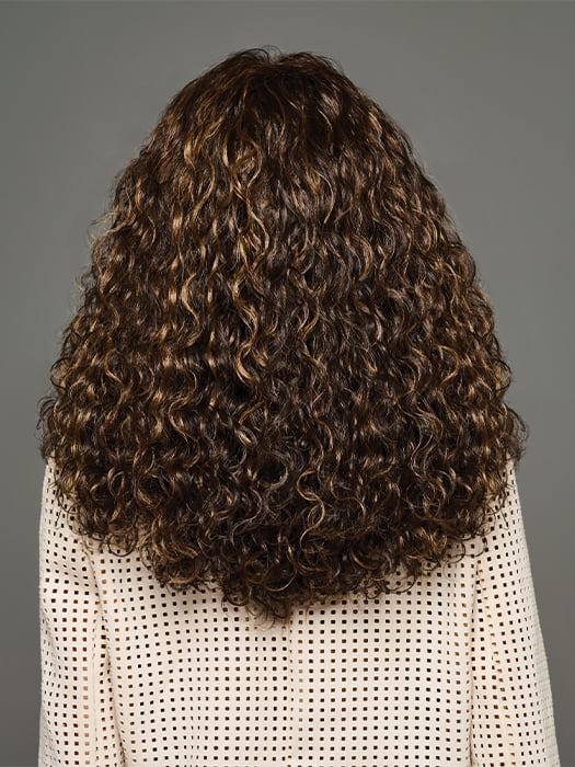 Model is wearing ZARIYA by KIM KIMBLE in color MC4/10SS ESPRESSO MARTINI | Dark Brown with Lighter Brown Highlights