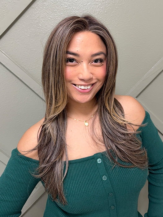 Arlah and Katrina - @wearethehairsis is wearing KATNISS by BELLE TRESS in color TRUFFLE CREAM-R | A chocolate truffle-inspired medium brown base with creamy light blonde highlights and dark roots, creating a balanced, multidimensional brunette