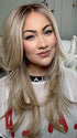 Kendra @_kendradarling_ is wearing KATNISS by BELLE TRESS in color BUTTERCAKE BLONDE-R | A neutral-warm blonde blend featuring light brown, ash, and lightest blonde tones with natural-looking darker roots for added depth and realism.