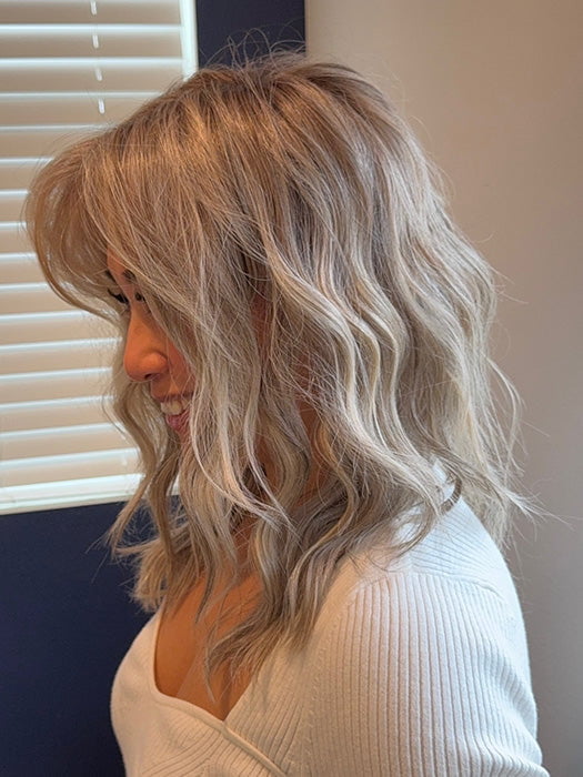 Katrina & Arlah Soriano @wearthehairsis wearing KELLY by BELLE TRESS in color COOL CHAI BLONDE-R | A balanced cool blonde with softly contrasted darker roots, a fresh twist on classic blonde tones.