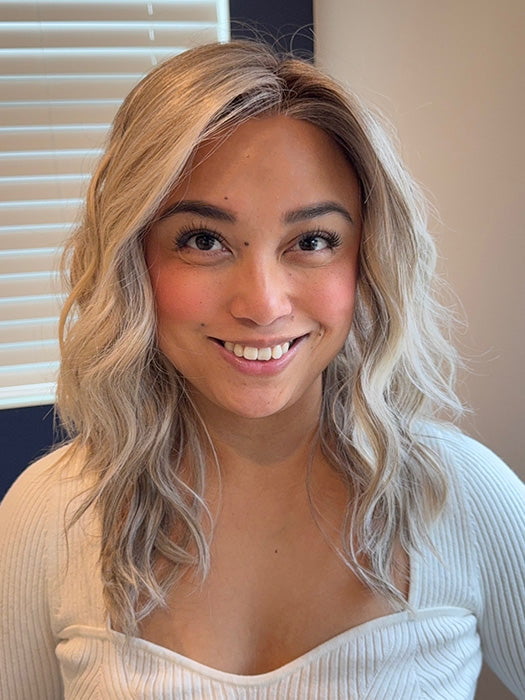 Katrina & Arlah Soriano @wearthehairsis wearing KELLY by BELLE TRESS in color COOL CHAI BLONDE-R | A balanced cool blonde with softly contrasted darker roots, a fresh twist on classic blonde tones.