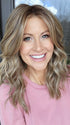 Natalie Gray @vanish.into.thin.hair wearing KELLY by BELLE TRESS in color BROWN SUGAR BLONDE-R | A warm, dimensional blend of medium brown and golden blonde highlights with natural-looking darker roots for depth and a sun-kissed finish.