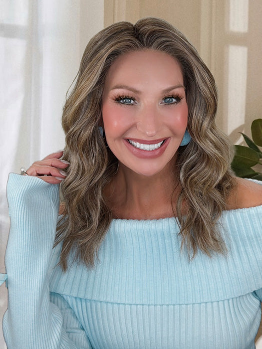 Kim Hammon @letstalkwithkim wearing KELLY by BELLE TRESS in color BROWN SUGAR BLONDE-R | A warm, dimensional blend of medium brown and golden blonde highlights with natural-looking darker roots for depth and a sun-kissed finish.