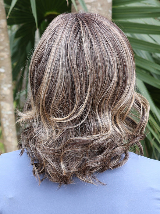 Heather @cjswigs wearing KENNEDY by BELLE TRESS in color TRUFFLE CREAM-R | A chocolate truffle-inspired medium brown base with creamy light blonde highlights and dark roots, creating a balanced, multidimensional brunette.