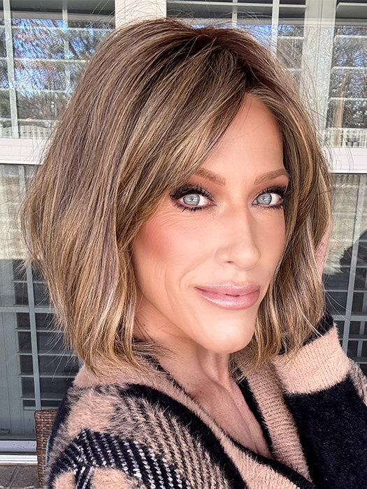 Kristyna @kristynamoore is wearing HOLLIE by JON RENAU in shade 24BT18S8 SHADED MOCHA | Medium Natural Ash Blonde & Light Natural Gold Blonde Blend, Shaded with Medium Brown
