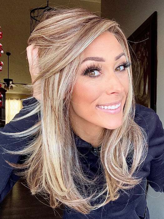 Nichole Corbett @nicholealee wearing LAUREN by BELLE TRESS in color SUNKISSED ALMOND R | A blend of Medium and Light Brown with Light Gold Blonde Highlights and a hint of Cooler Blonde, rooted with Medium and Light Brown