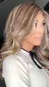 Nichole Corbett @nicholealee wearing LAUREN by BELLE TRESS in color SUNKISSED ALMOND R | A blend of Medium and Light Brown with Light Gold Blonde Highlights and a hint of Cooler Blonde, rooted with Medium and Light Brown | styled with curls
