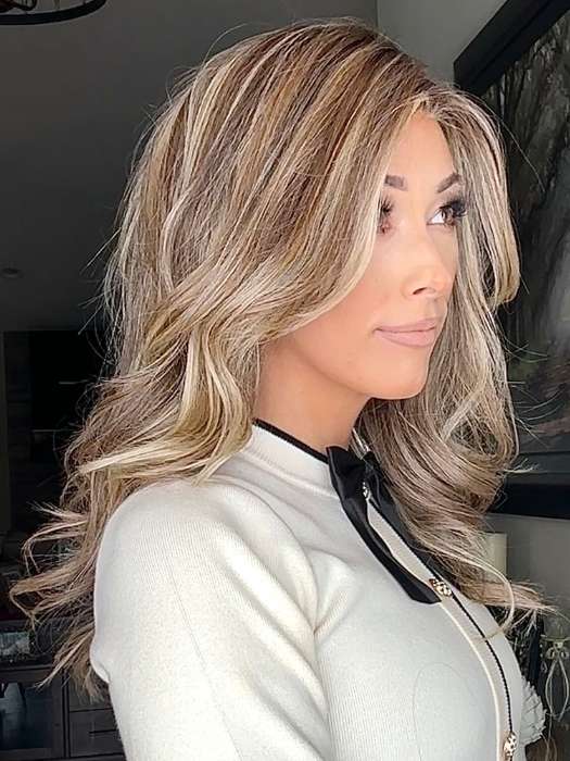 Nichole Corbett @nicholealee wearing LAUREN by BELLE TRESS in color SUNKISSED ALMOND R | A blend of Medium and Light Brown with Light Gold Blonde Highlights and a hint of Cooler Blonde, rooted with Medium and Light Brown | styled with curls