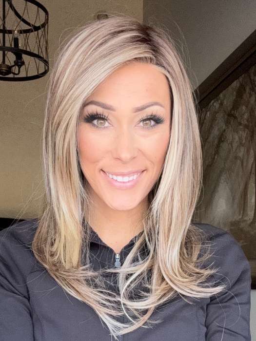 Nichole Corbett @nicholealee wearing LAUREN by BELLE TRESS in color SUNKISSED ALMOND R | A blend of Medium and Light Brown with Light Gold Blonde Highlights and a hint of Cooler Blonde, rooted with Medium and Light Brown
