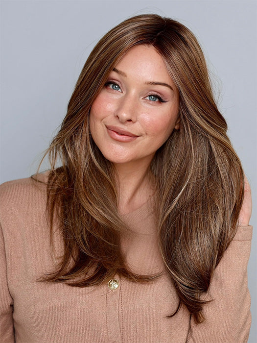 Heather @cjswigs wearing LEADING EDGE by TRESSALLURE in color 17/23/R8 | Beige Blonde and Auburn Blended with Medium Brown Roots