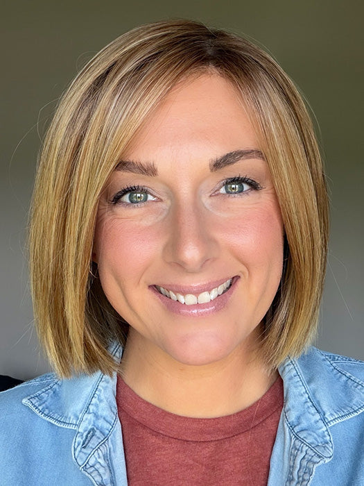 Ashley @lifebeyondlocks is wearing LIA II by ELLEN WILLE in shade LIGHT BERNSTEIN ROOTED 12.26.27 | Lightest Brown, Light Golden Blonde and Dark Strawberry Blonde Blend with Dark Shaded Roots