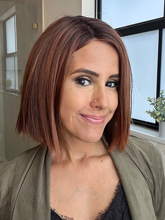 Lorena @faux.hurr.lifee wearing LIA II by ELLEN WILLE in color CINNAMON BROWN ROOTED 33.30.130 | Dark Auburn, Light Auburn and Deep Copper Brown with Dark Shaded Roots