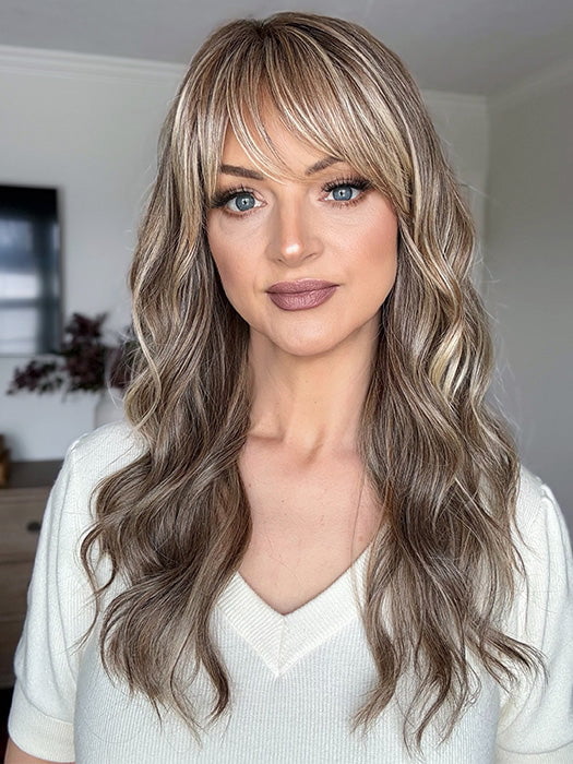 Sandy @i_be_wiggin wearing LIVERPOOL by BELLE TRESS in color MACADAMIA LATTE R | A combination of Medium and Light Brown, highlighted with Light Gold Blonde, and a mixture of Ash Blonde and Light Gold Blonde, Rooted with Medium and Light Brown