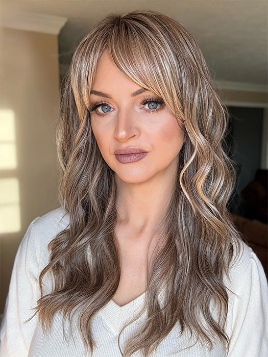 Sandy @i_be_wiggin wearing LIVERPOOL by BELLE TRESS in color MACADAMIA LATTE R | A combination of Medium and Light Brown, highlighted with Light Gold Blonde, and a mixture of Ash Blonde and Light Gold Blonde, Rooted with Medium and Light Brown