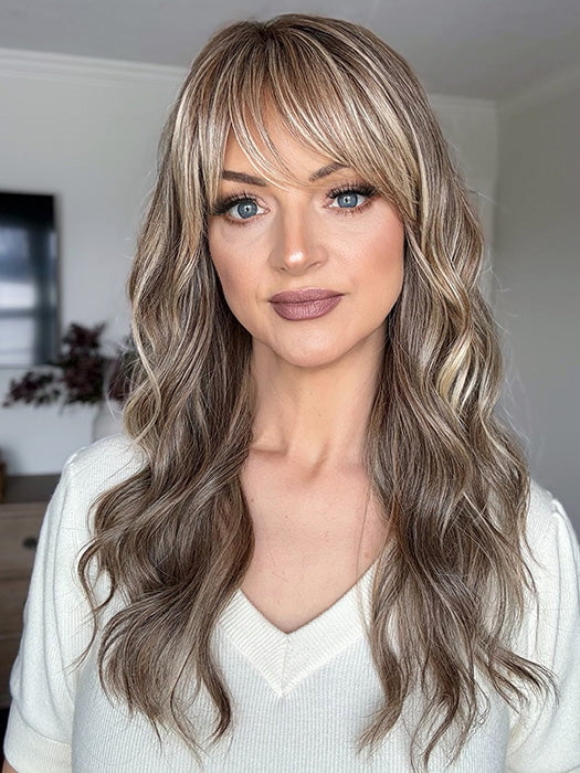 Sandy @i_be_wiggin wearing LIVERPOOL by BELLE TRESS in color MACADAMIA LATTE R | A combination of Medium and Light Brown, highlighted with Light Gold Blonde, and a mixture of Ash Blonde and Light Gold Blonde, Rooted with Medium and Light Brown