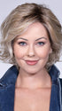 Model is wearing MONROE BY BELLETRESS in color BUTTERCAKE BLONDE-R 10/23/88+8 | A neutral-warm blonde blend featuring light brown, ash, and lightest blonde tones with natural-looking darker roots for added depth and realism.
