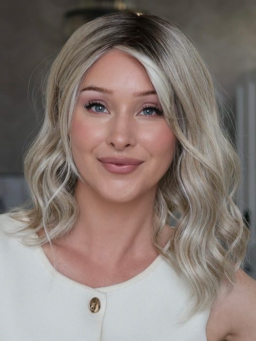 Heather @cjswigs wearing MAEVE by JON RENAU in shade 101/88/27S8 CATALINA BLONDE | Pale blonde with Pure White Natural Violet halo highlights, shaded medium brown