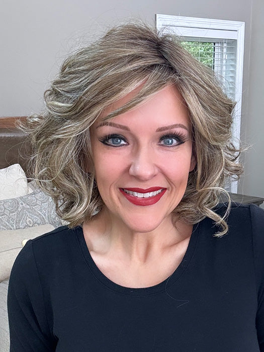 Marcie Mertz @wig.obsessed wearing EDITOR'S PICK ELITE by RAQUEL WELCH in color RL12/22SS SHADED CAPPUCCINO | Light Golden Brown Evenly Blended with Cool Platinum Blonde Highlights with Dark Roots