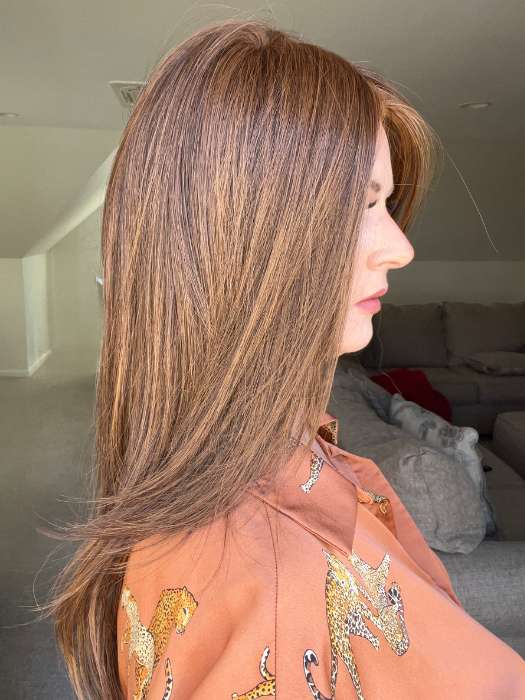 Sandy @i_be_wiggin wearing SCENE STEALER by RAQUEL WELCH WIGS in RL5/27 GINGER BROWN | Warm Medium Brown Evenly Blended with Medium Golden Blonde