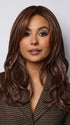 Model is wearing MARGO in color GLAZED AUBURN R | Stunning fusion of deep red, medium copper, and dark chocolate root.