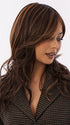 Model is wearing MARGO in color GLAZED AUBURN R | Stunning fusion of deep red, medium copper, and dark chocolate root.