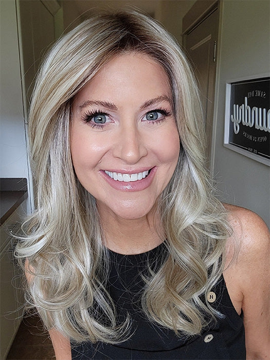 Natalie Gray @vanish.into.thin.hair wearing MARGO by RENE OF PARIS in shade SEA-SALT-BLOND-R | A perfect mixture of cool, icy-blond and warm-dark blond. The rich brown root tone enhances the modern appearance