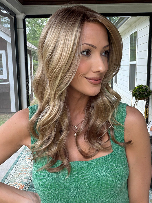 Jenna Fail @jenna_fail wearing MAYA HAND TIED by ENVY in color SPARKLING CHAMPAGNE | Medium Brown roots with overall Strawberry Blonde base and soft Golden Blonde highlights