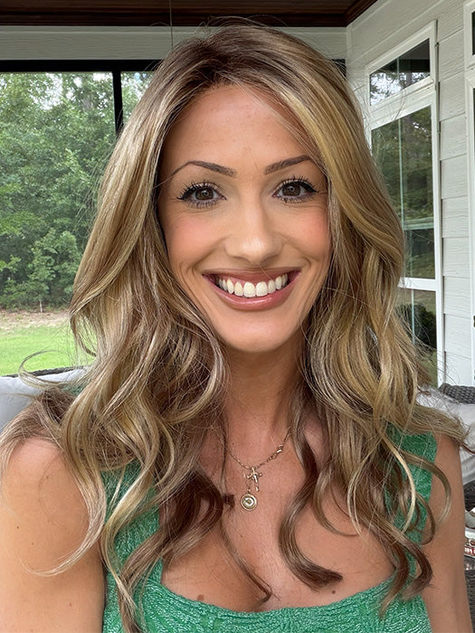 Jenna Fail @jenna_fail wearing MAYA HAND TIED by ENVY in color SPARKLING CHAMPAGNE | Medium Brown roots with overall Strawberry Blonde base and soft Golden Blonde highlights