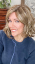 Marcie @wig.obsessed wearing MERRILL by NORIKO in color CASHMERE-BROWN-SR | Slightly Rooted Medium Beige Brown base with woven Velvet Blonde Highlights