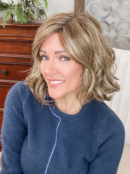Marcie @wig.obsessed wearing MERRILL by NORIKO in color CASHMERE-BROWN-SR | Slightly Rooted Medium Beige Brown base with woven Velvet Blonde Highlights
