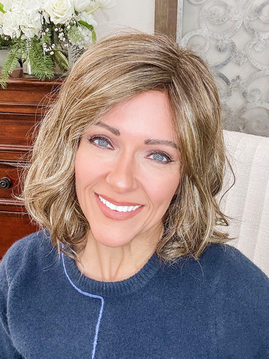 Marcie @wig.obsessed wearing MERRILL by NORIKO in color CASHMERE-BROWN-SR | Slightly Rooted Medium Beige Brown base with woven Velvet Blonde Highlights