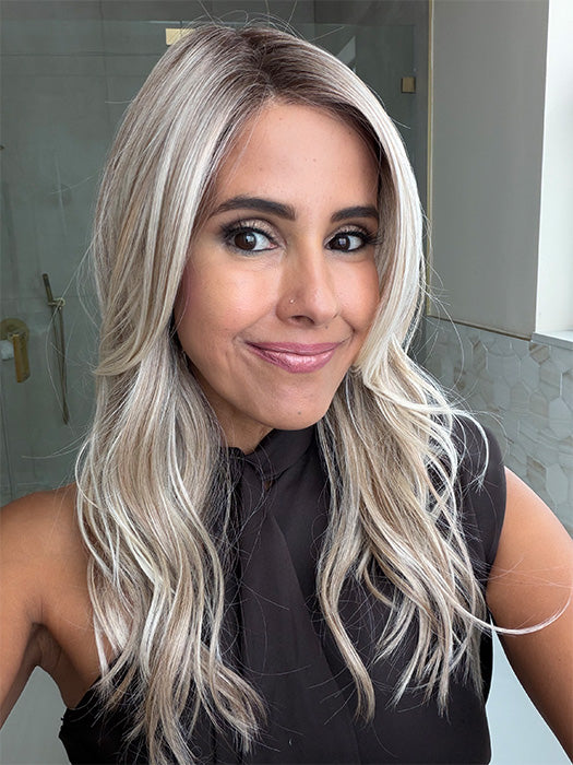 Lorena @faux.hurr.lifee wearing MILANO by BELLE TRESS in color MILKSHAKE BLONDE R | A mixture of Light Sandy Brown, Highlighted with Light Ash Blonde with a Hint of Light Platinum Blonde with a Medium Root Color