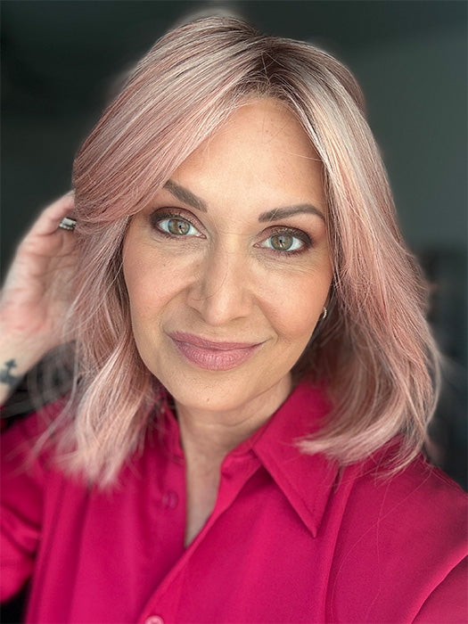 Emily H. @she_sheds_more wearing Mira by Amore in shade WATERMELON-R | Rich Pastel Pink Base with Subtle Soft Reddish Tone and Soft Dark Brown Roots