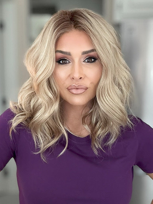 Crystal @crystallhoneycutt wearing MOLLY by ENVY in color SPARKLING CHAMPAGNE | Medium Brown roots with overall Strawberry Blonde base and soft Golden Blonde highlights