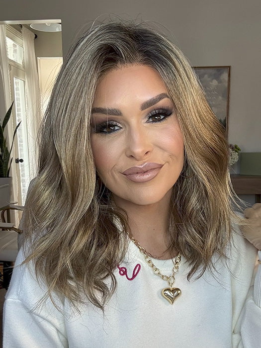 Crystal @crystallhoneycutt wearing MOLLY by ENVY BY ALAN EATON in color HONEY BREEZE | A blend of Cool, Honey Blonde and Multi-Dimensional Medium Brown with Darker Brown Roots