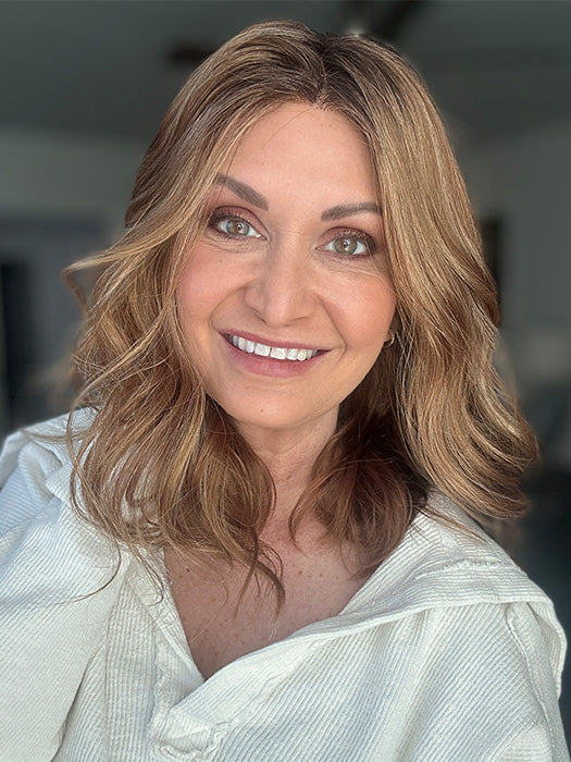 Emily H. @she_sheds_more wearing MOLLY by ENVY BY ALAN EATON in color CREAMED COFFEE | Medium Brown roots and base with Cinnamon and Golden Blonde highlights