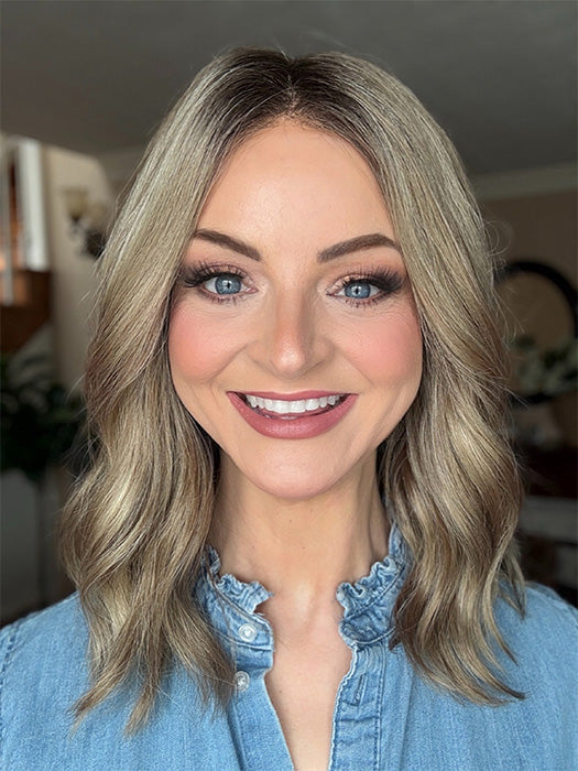 Sandy @i_be_wiggin wearing MOLLY by ENVY BY ALAN EATON in color    GOLDEN SANDSTONE | Creamy Beige-Blonde with Darker Brown Roots