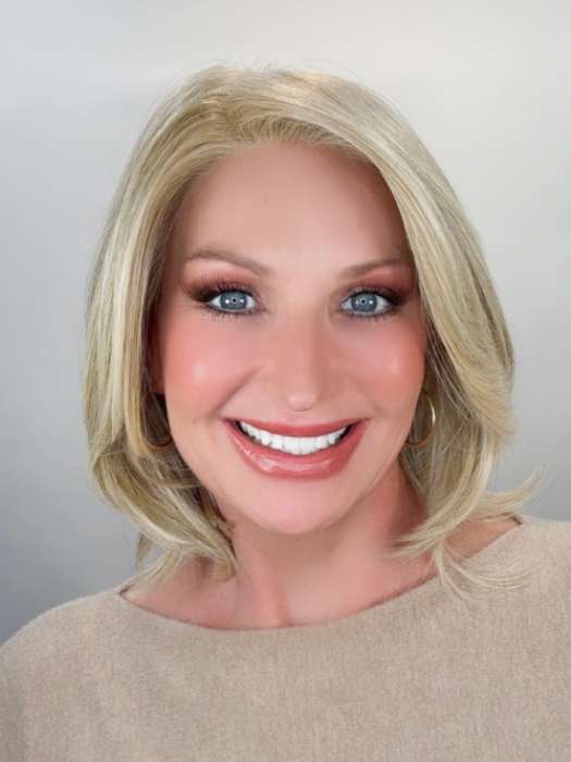 Kim Hammon @letstalkwithkim wearing Montecito by Belle Tress in color CAKE BATTER BLONDE | Neutral Beige Color Blonde mixed with Medium and Dark Blonde, Highlighted with Ash Blonde