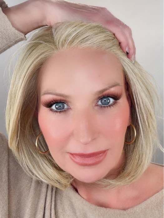 Kim Hammon @letstalkwithkim wearing Montecito by Belle Tress in color CAKE BATTER BLONDE | Neutral Beige Color Blonde mixed with Medium and Dark Blonde, Highlighted with Ash Blonde