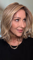 Eileen @crazywiglady is wearing NEWPORT by BELLE TRESS in color RAW SUGAR BLONDE | A Neutral Light Blonde, Honey Blonde, Pale Gold Blonde, with a base of Light Brown Low Lights featuring a Medium Root Color