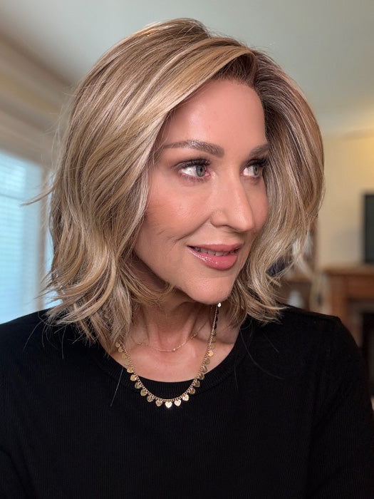 Eileen @crazywiglady is wearing NEWPORT by BELLE TRESS in color RAW SUGAR BLONDE | A Neutral Light Blonde, Honey Blonde, Pale Gold Blonde, with a base of Light Brown Low Lights featuring a Medium Root Color