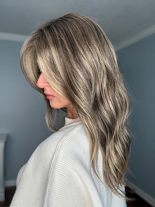 Sandy @i_be_wiggin wearing OLIVIA by JON RENAU in color 24BT18S8 SHADED MOCHA | Medium Natural Ash Blonde & Light Natural Gold Blonde Blend, Shaded with Medium Brown
