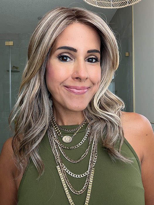 Lorena @faux.hurr.lifee is wearing OXFORD by BELLE TRESS in color MACADAMIA LATTE R | A combination of Medium and Light Brown, highlighted with Light Gold Blonde, and a mixture of Ash Blonde and Light Gold Blonde, Rooted with Medium and Light Brown