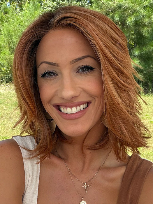 Jenna @jenna_fail wearing PARK AVENUE by BELLE TRESS in color SIENNA SPICE R | True Light Strawberry Blonde/Red with Low Light and Highlights