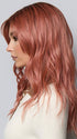 Model is wearing POSH WAVEZ in DUSTY ROSE | Medium Coral Red Base with Dark Brown Roots